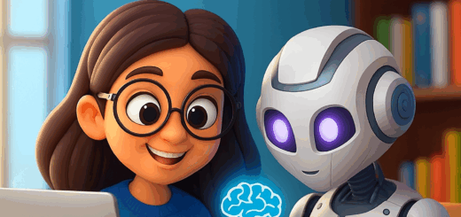 Portada ilustrada de la guía “Cómo hacer tu proyecto final o tesis con IA”, con una estudiante y un robot en estilo cartoon 3D, sobre fondo azul.