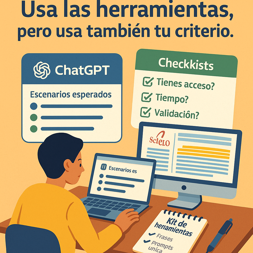 Estudiante utilizando diferentes herramientas para redactar resultados esperados y limitaciones: IA con prompts, checklist digital, ejemplos de tesis en repositorios y un cuaderno auxiliar con frases modelo.