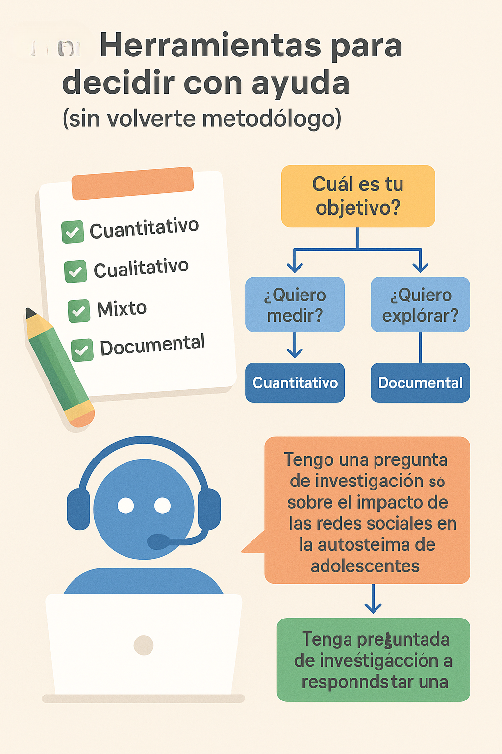 Infografía con checklist para elegir el tipo de estudio en investigación: cuantitativo, cualitativo, mixto o documental, apoyado por inteligencia artificial.