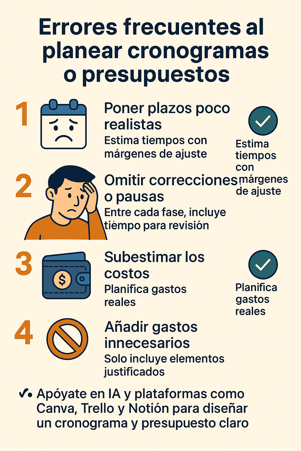 Infografía con lista de errores frecuentes al planear cronograma y presupuesto, con íconos y consejos de solución.