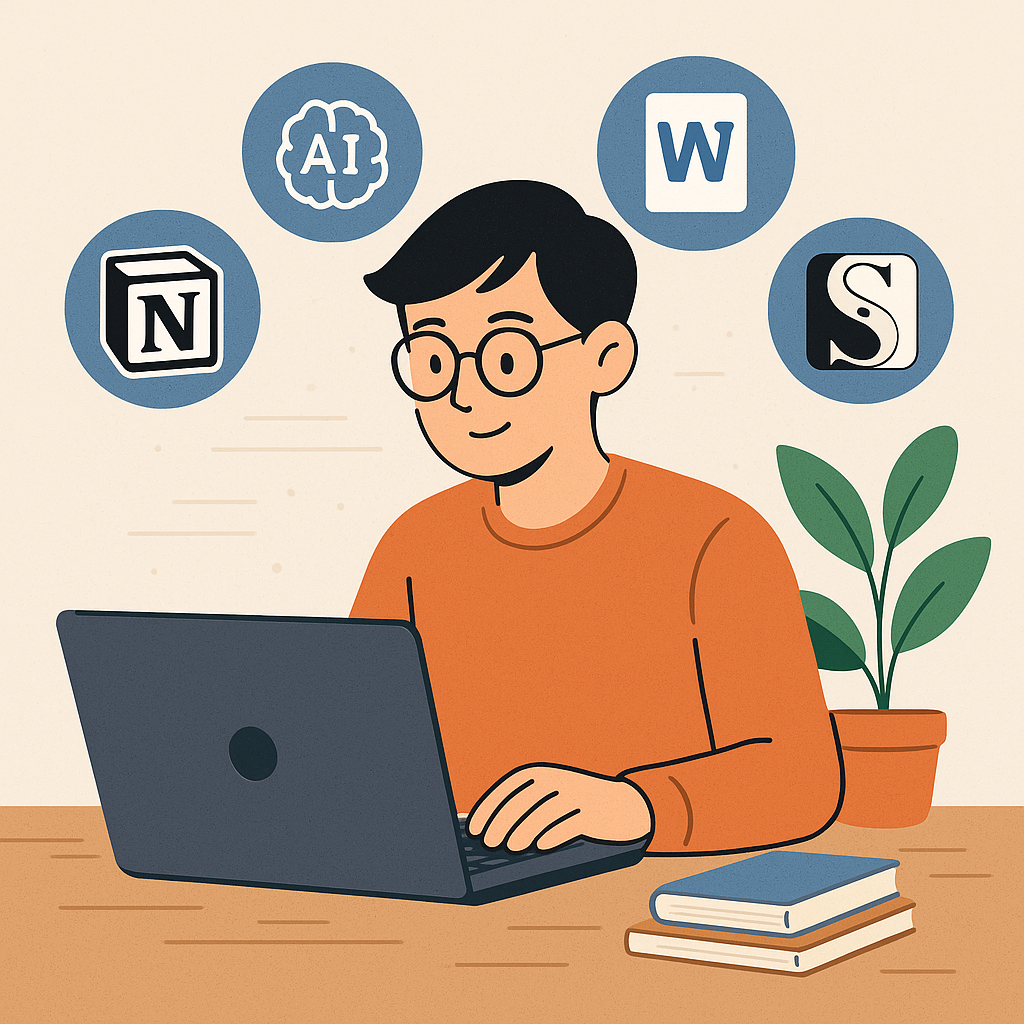 Persona utilizando herramientas digitales para estructurar un proyecto académico, con íconos de IA, Notion, Word y Scrivener.