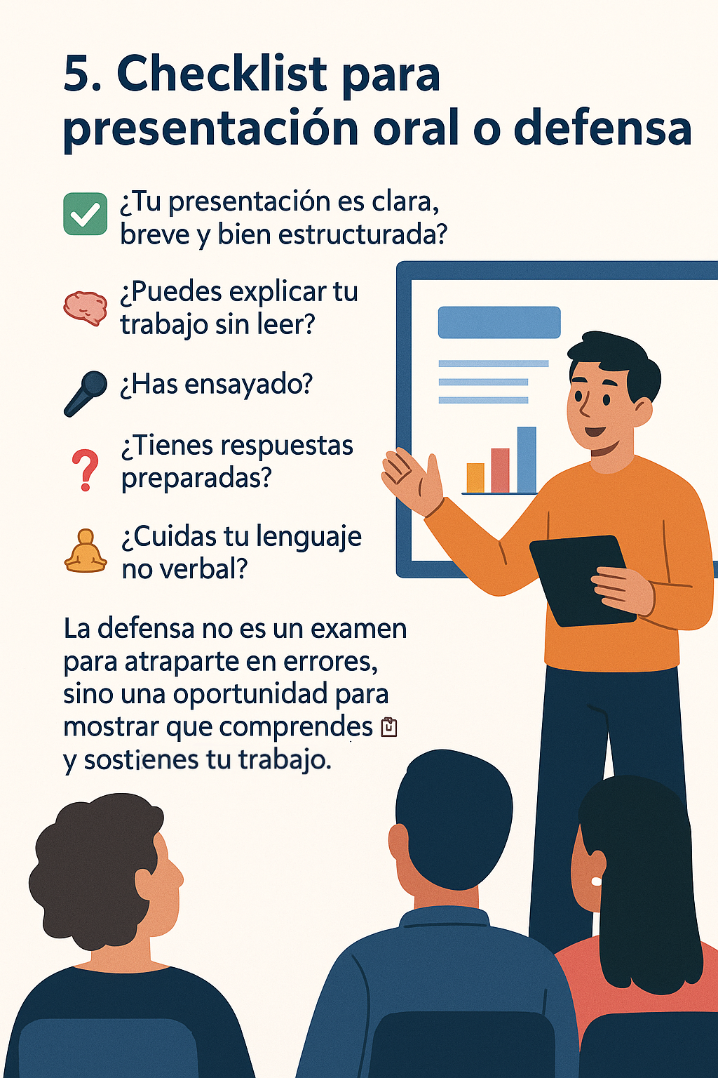 Persona presentando su proyecto académico con confianza, usando apoyos visuales y checklist de preparación para la defensa oral.
