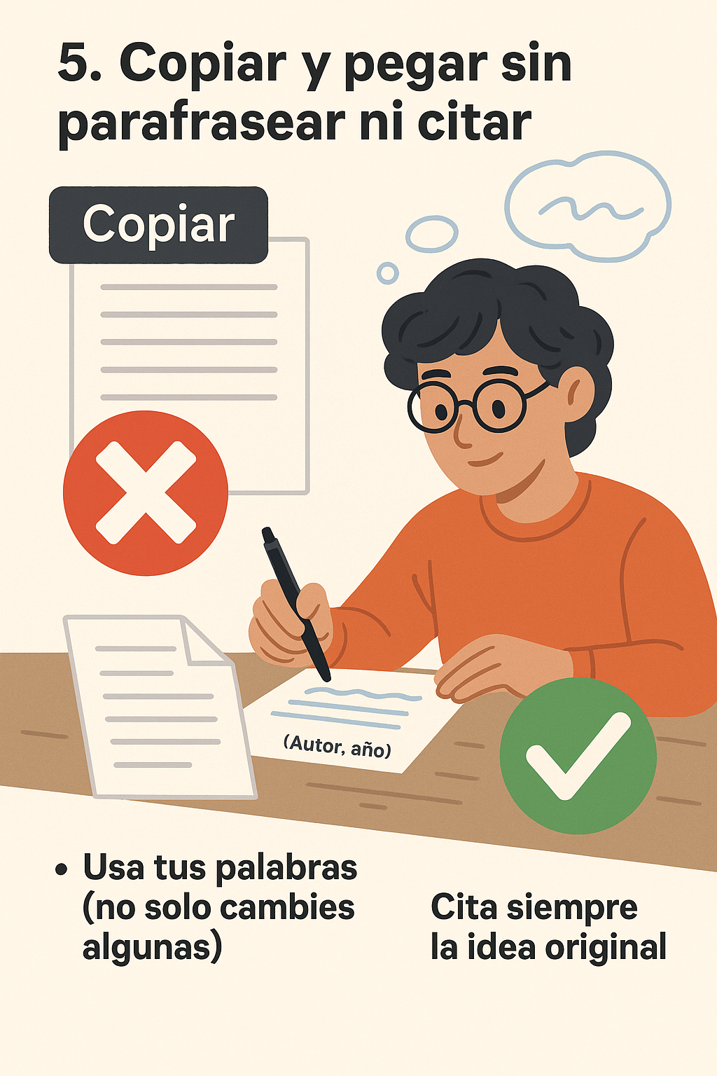 Infografía en estilo flat sobre el error académico de copiar y pegar sin citar ni parafrasear, con íconos que representan el plagio, la lectura comprensiva y el uso ético de fuentes.