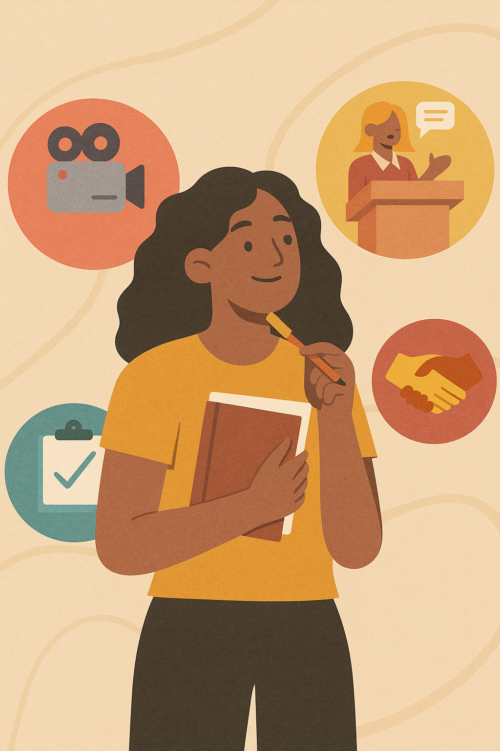 Estudiante sonriente sostiene una libreta y un lápiz, rodeada de íconos que representan creación de contenido, enseñanza, colaboración y aplicación de conocimiento.