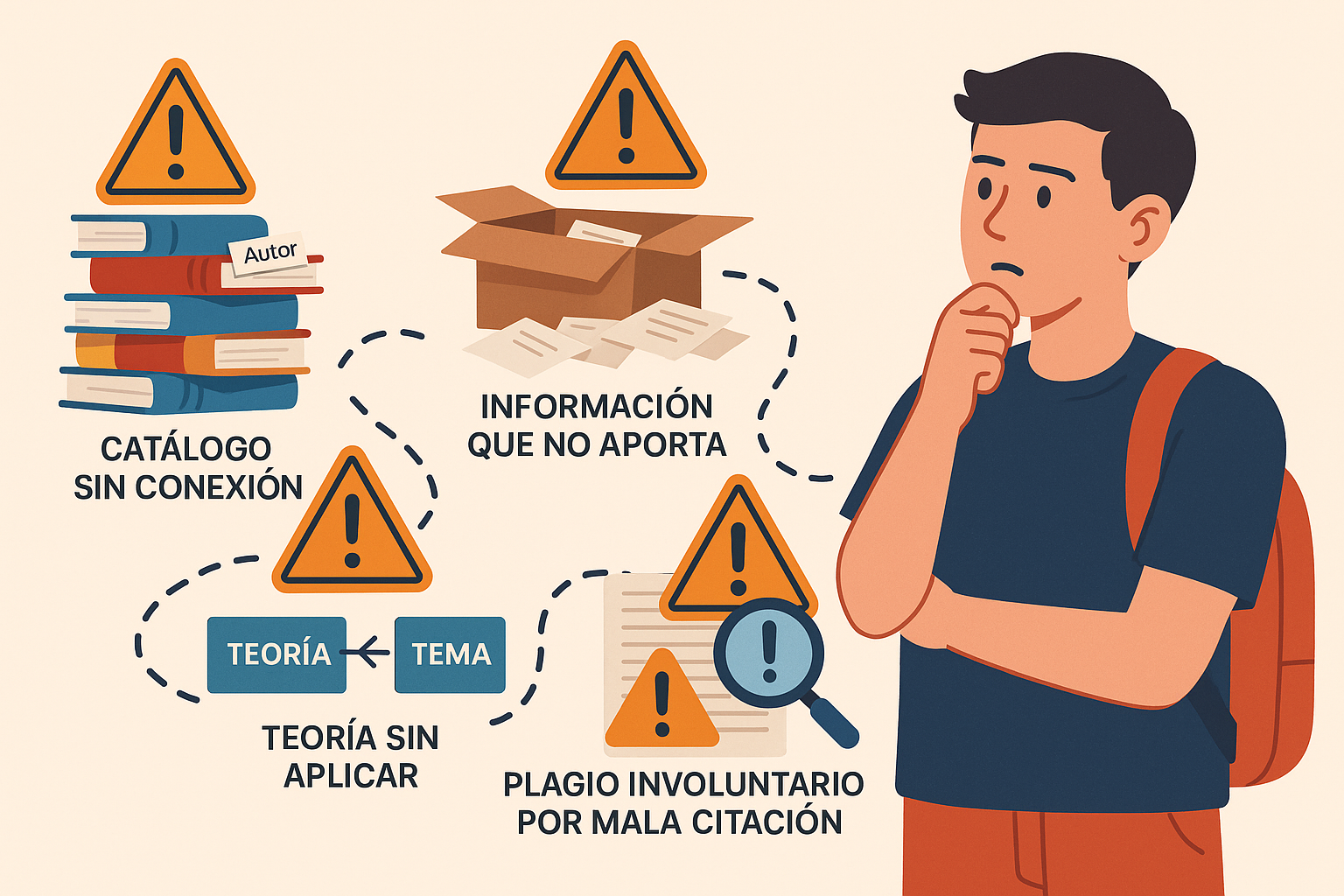 Ilustración de los errores más frecuentes al construir el marco teórico, como desorden de autores, falta de conexión teórica, exceso de información y errores de citación.