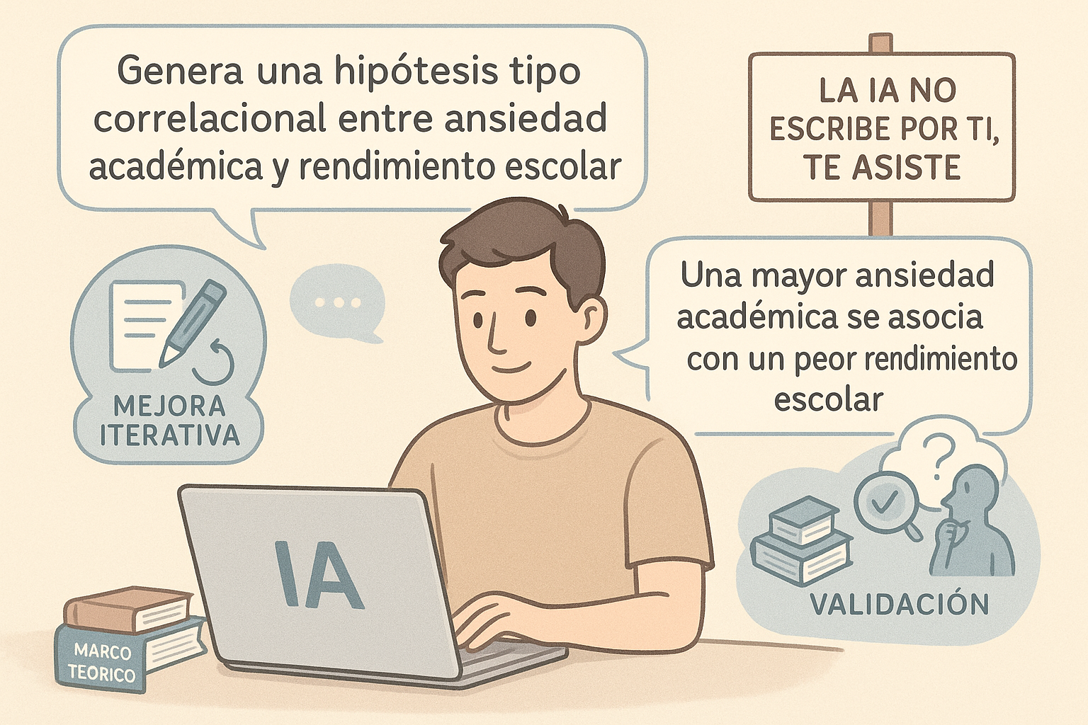 Estudiante interactuando con una IA en su computadora para explorar hipótesis, mientras analiza, mejora y valida las sugerencias recibidas.