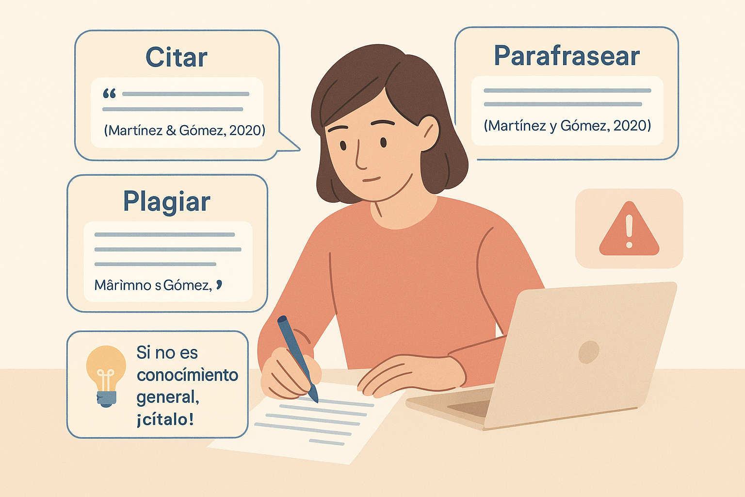 Estudiante escribiendo frente a su laptop, rodeada de burbujas que ilustran “Citar” con referencia APA, “Parafrasear” con igual cita, “Plagiar” sin comillas ni referencia y una burbuja con una bombilla que dice “Si no es conocimiento general, ¡cítalo!”.