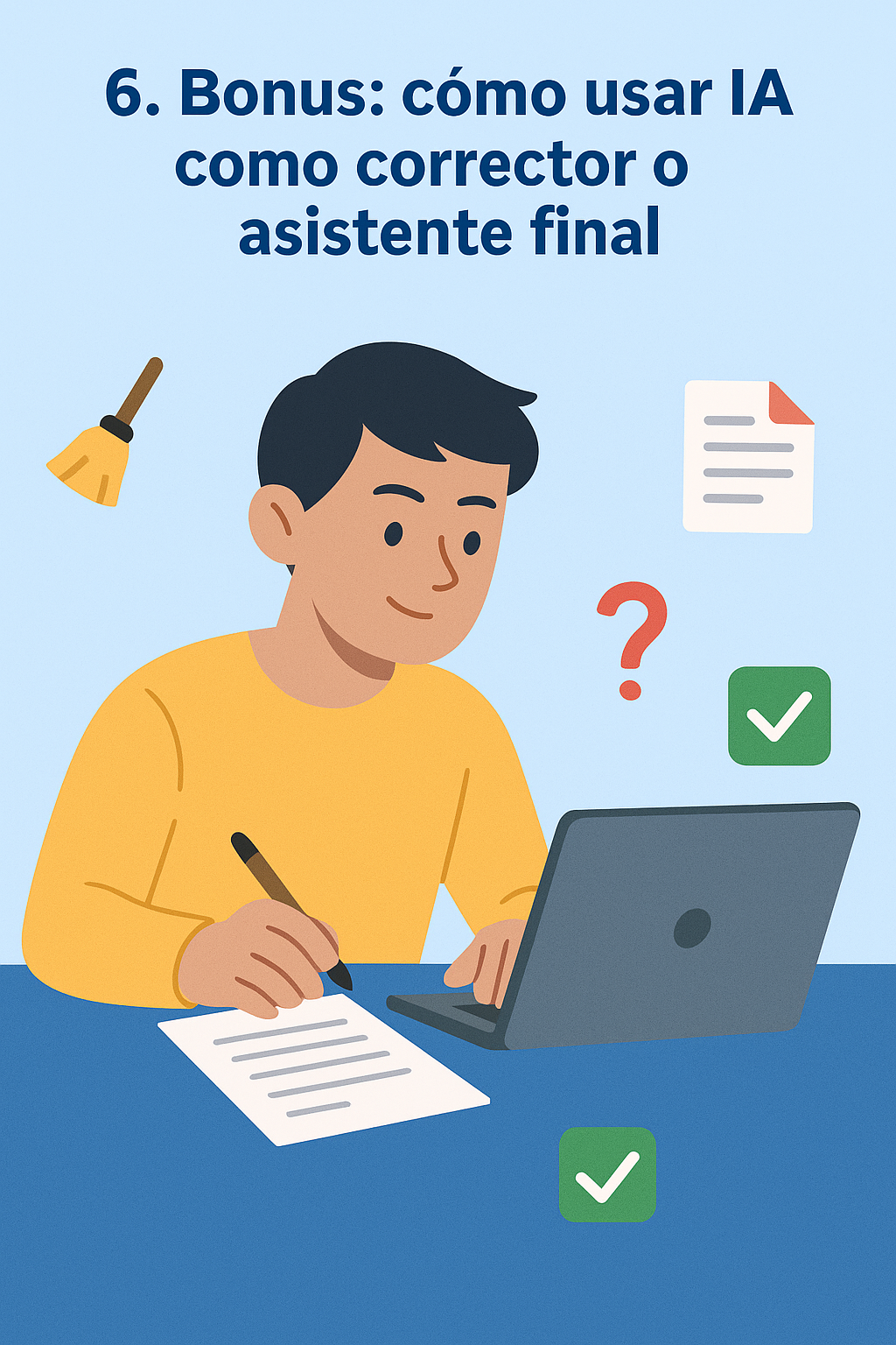 Persona joven revisando su tesis con ayuda de inteligencia artificial representada con íconos de checklist, edición y preguntas.