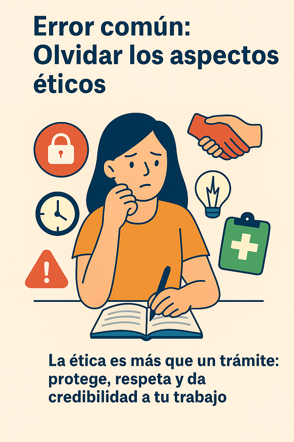 Estudiante con expresión preocupada escribe en un cuaderno, rodeada de íconos sobre ética: candado, advertencia, reloj, ficha médica, apretón de manos y foco de idea.