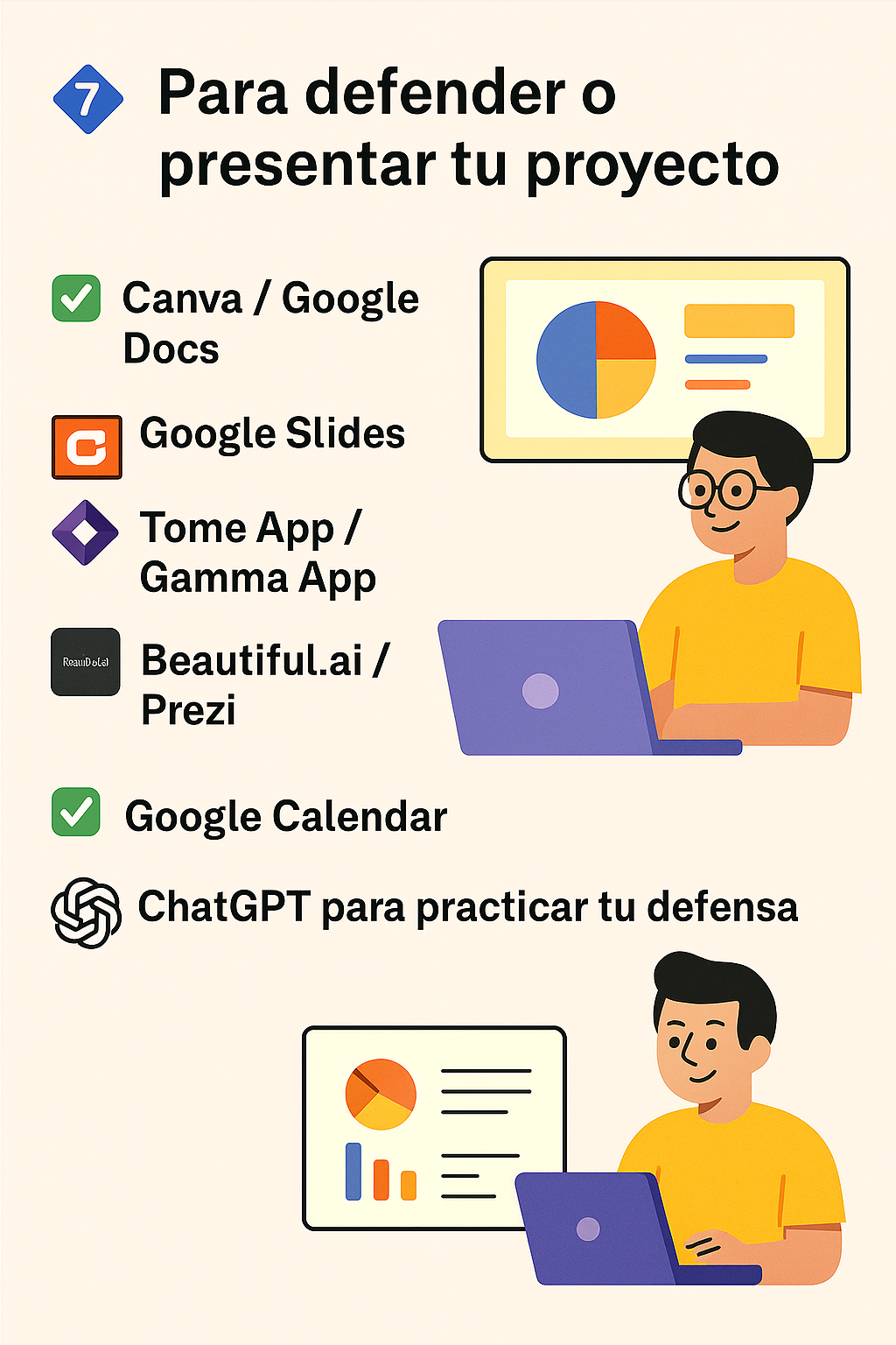Infografía con herramientas digitales para preparar la defensa de tesis: presentaciones, apps de IA y simulación de preguntas con ChatGPT.