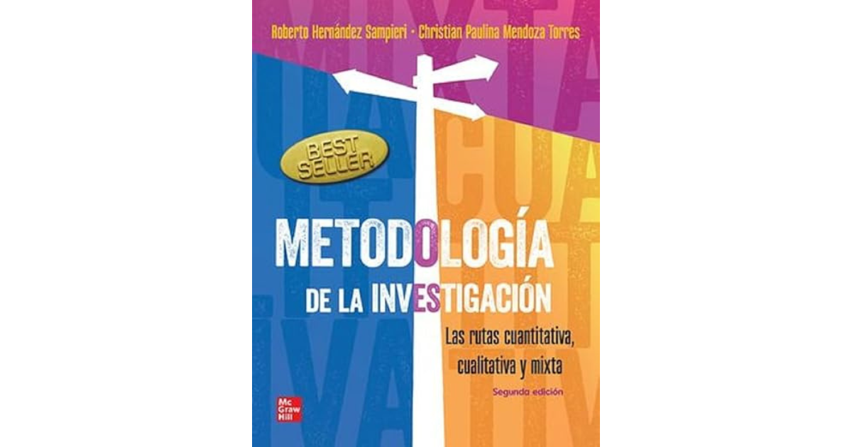 Portada del libro “Metodología de la Investigación” de Roberto Hernández Sampieri y Christian Paulina Mendoza Torres, con fondo azul, naranja y morado y un poste de señalamiento