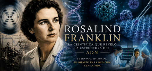Imagen destacada de Rosalind Franklin rodeada por estructuras de ADN, patrones de difracción de rayos X, virus y escenas de investigación biomédica moderna, representando su legado en genética y medicina.