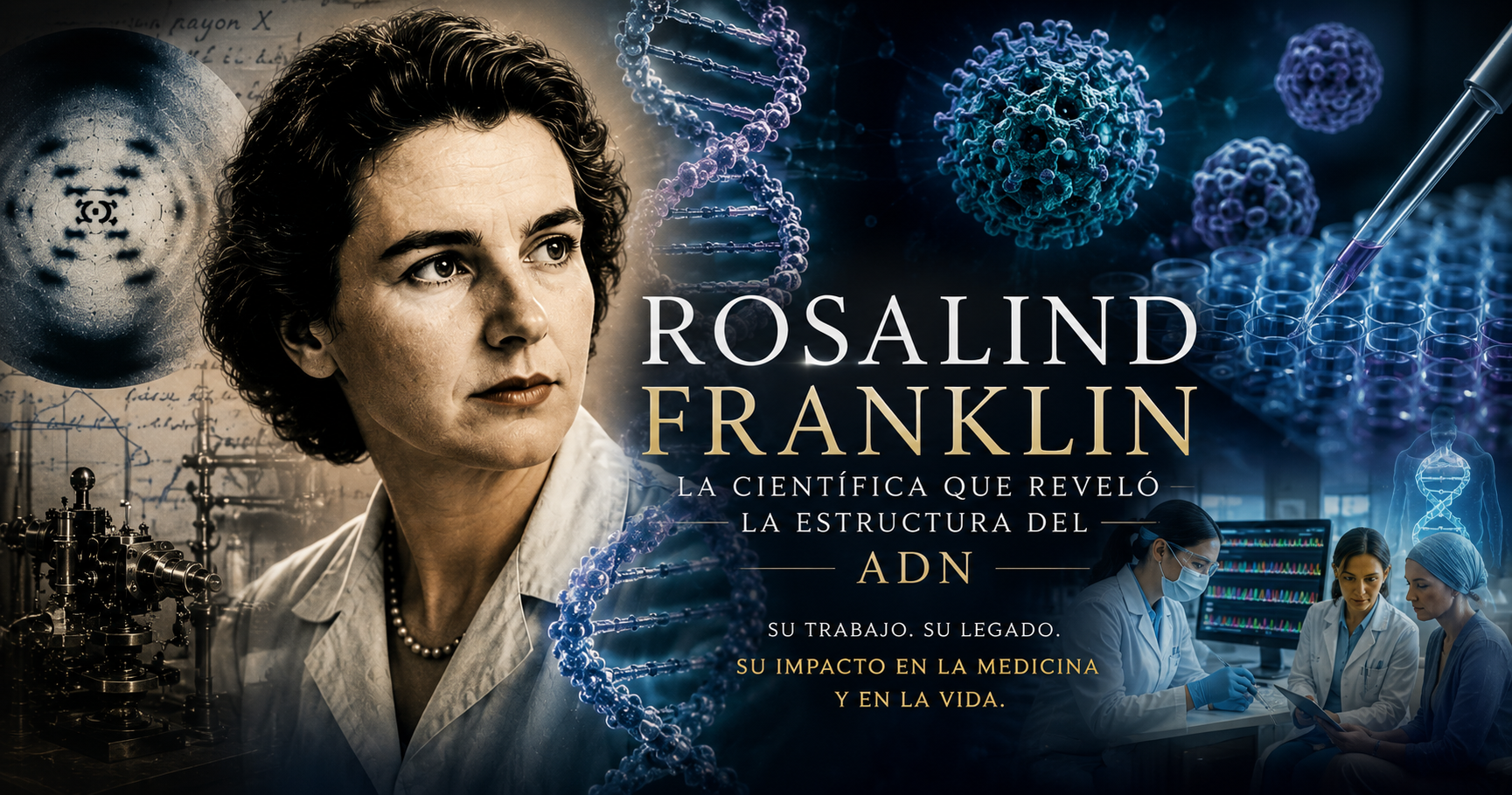 Imagen destacada de Rosalind Franklin rodeada por estructuras de ADN, patrones de difracción de rayos X, virus y escenas de investigación biomédica moderna, representando su legado en genética y medicina.