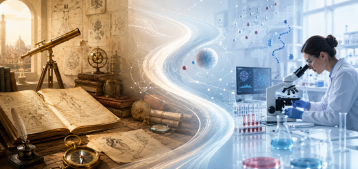 Transición visual del método científico moderno, con instrumentos renacentistas, manuscritos anatómicos y un laboratorio biomédico contemporáneo unidos por un camino luminoso.