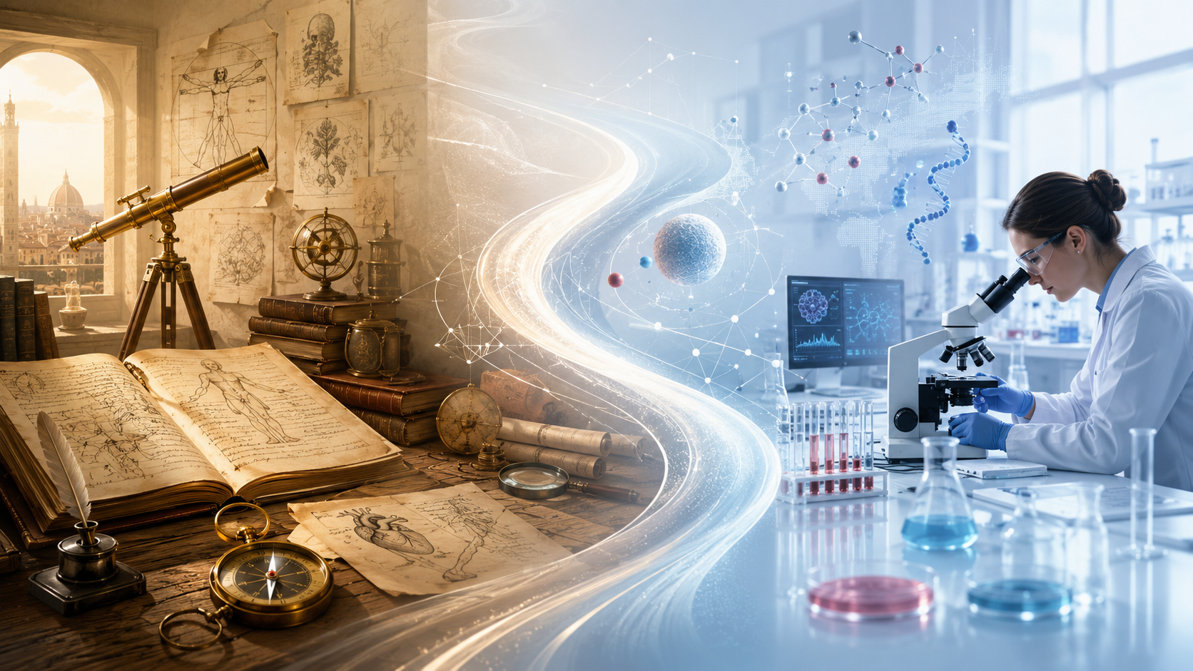 Transición visual del método científico moderno, con instrumentos renacentistas, manuscritos anatómicos y un laboratorio biomédico contemporáneo unidos por un camino luminoso.