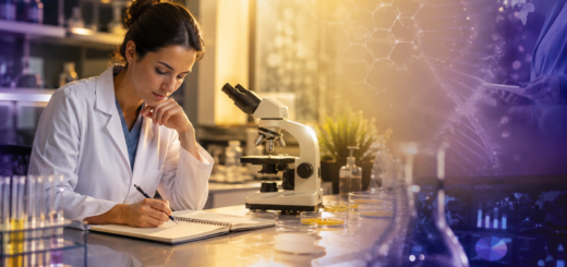 Investigadora en laboratorio moderno escribe observaciones junto a un microscopio, muestras científicas y visualizaciones digitales de moléculas, ADN y datos biomédicos.