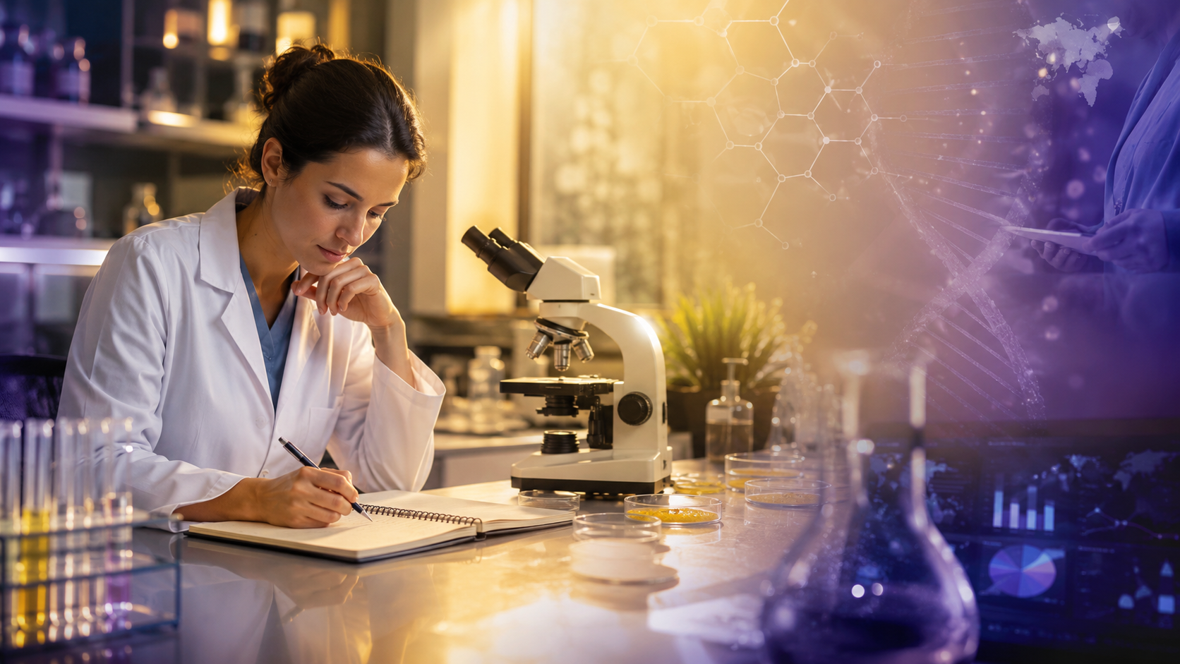Investigadora en laboratorio moderno escribe observaciones junto a un microscopio, muestras científicas y visualizaciones digitales de moléculas, ADN y datos biomédicos.