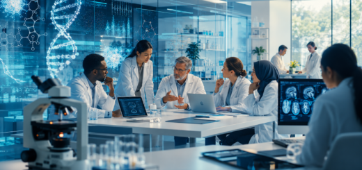 Equipo interdisciplinario de científicos de la salud analiza evidencia y datos biomédicos en un laboratorio moderno con tecnología digital, imágenes médicas y modelos moleculares.