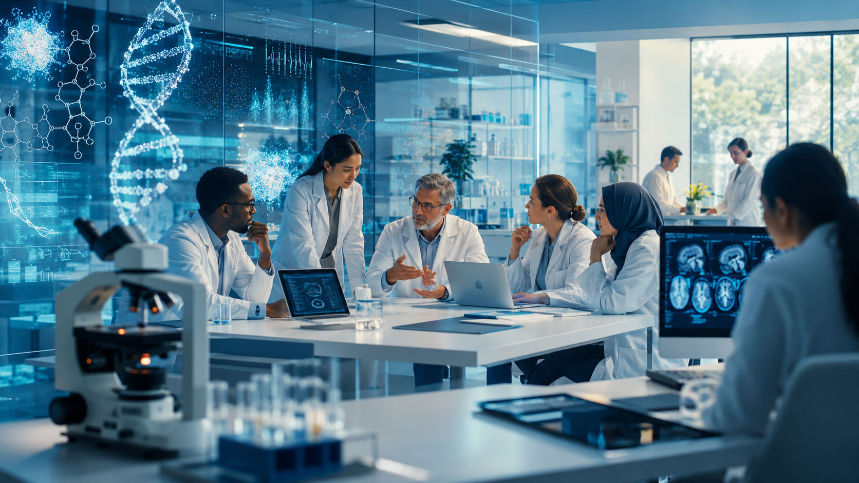 Equipo interdisciplinario de científicos de la salud analiza evidencia y datos biomédicos en un laboratorio moderno con tecnología digital, imágenes médicas y modelos moleculares.