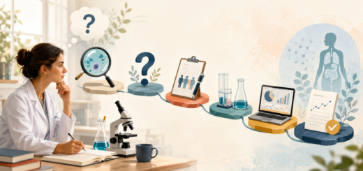 Investigadora de ciencias de la salud observa una secuencia visual del método científico, desde la pregunta inicial y la observación hasta la recolección de datos, el análisis y la conclusión.