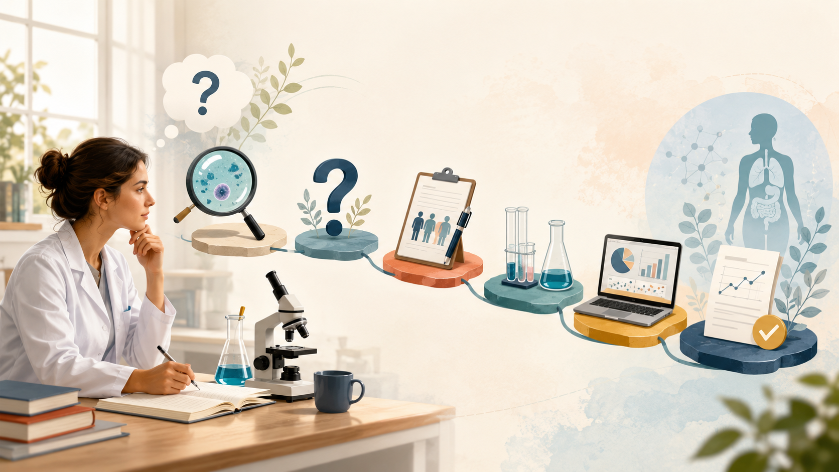 Investigadora de ciencias de la salud observa una secuencia visual del método científico, desde la pregunta inicial y la observación hasta la recolección de datos, el análisis y la conclusión.