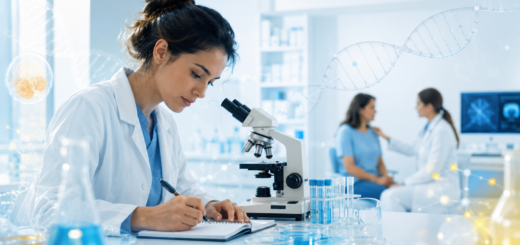 Investigadora registra observaciones junto a un microscopio y muestras de laboratorio, mientras al fondo una profesional de salud atiende a una paciente en un entorno clínico.