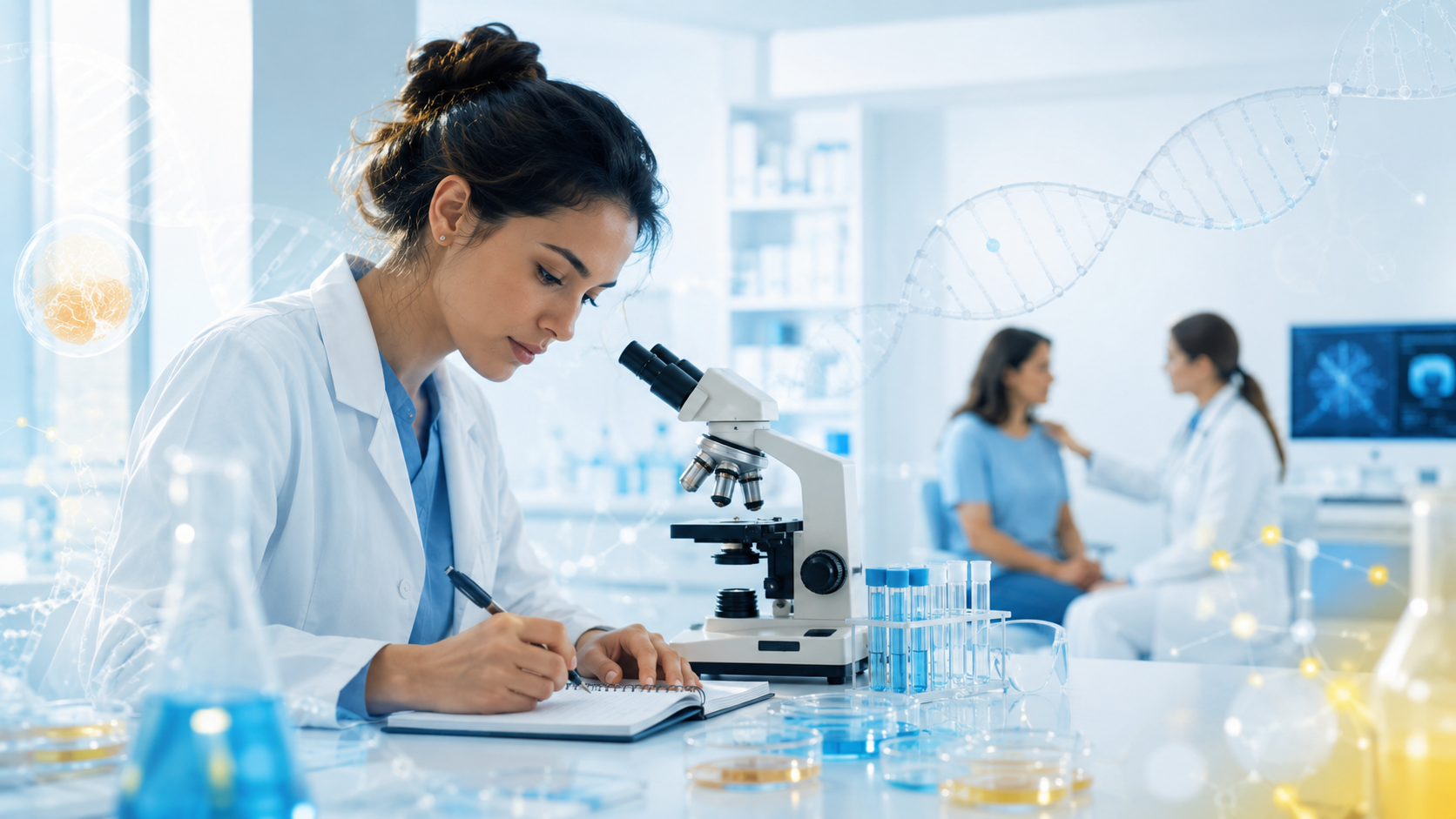 Investigadora registra observaciones junto a un microscopio y muestras de laboratorio, mientras al fondo una profesional de salud atiende a una paciente en un entorno clínico.