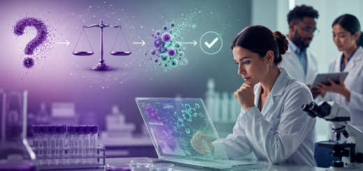 Investigadora analiza evidencia biomédica en un laboratorio, con una secuencia visual que va de la pregunta científica a la evaluación crítica y la confirmación mediante datos.