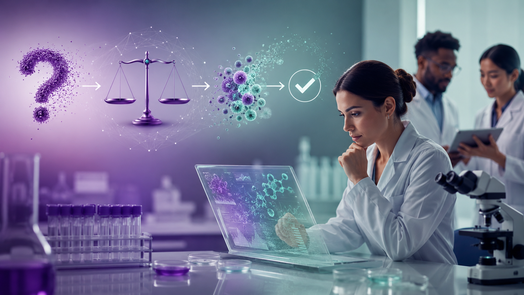 Investigadora analiza evidencia biomédica en un laboratorio, con una secuencia visual que va de la pregunta científica a la evaluación crítica y la confirmación mediante datos.