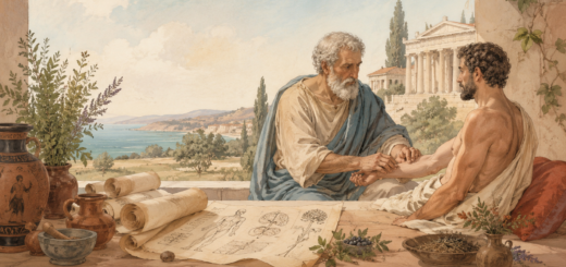Médico de la Grecia antigua observa el pulso de un paciente junto a plantas medicinales, vasijas y manuscritos anatómicos en un entorno clásico.