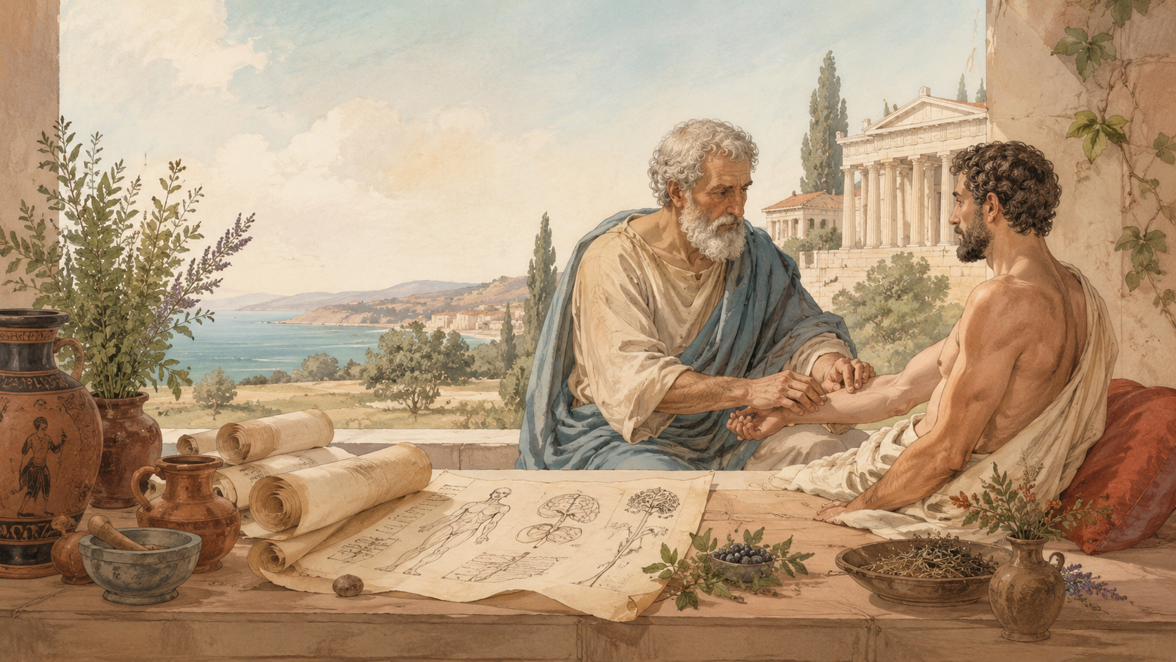 Médico de la Grecia antigua observa el pulso de un paciente junto a plantas medicinales, vasijas y manuscritos anatómicos en un entorno clásico.