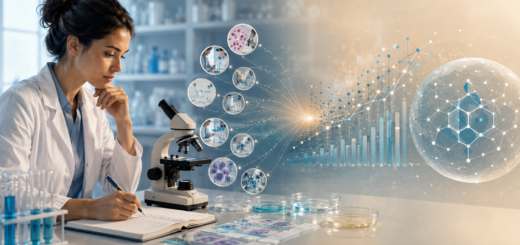 Investigadora en un laboratorio analiza observaciones microscópicas que se integran en patrones y datos, representación visual del razonamiento inductivo en ciencias de la salud.