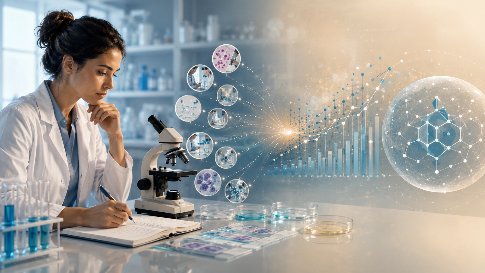 Investigadora en un laboratorio analiza observaciones microscópicas que se integran en patrones y datos, representación visual del razonamiento inductivo en ciencias de la salud.