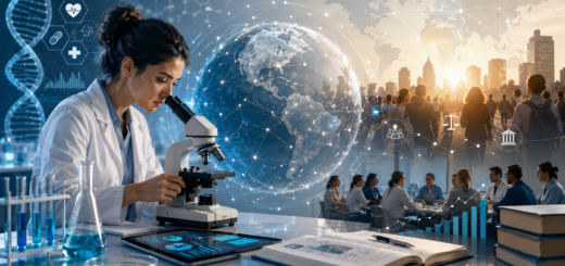 Representación editorial de la ciencia contemporánea en las ciencias de la salud, mostrando una investigadora en laboratorio conectada a redes globales de conocimiento, colaboración interdisciplinaria, análisis de datos, tecnología biomédica y cooperación científica internacional.