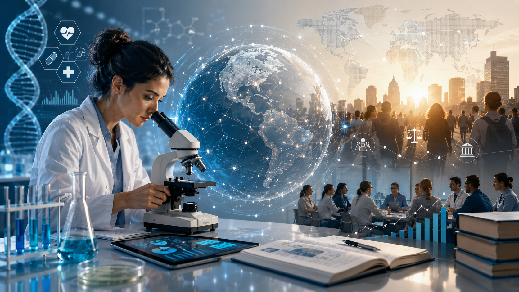 Representación editorial de la ciencia contemporánea en las ciencias de la salud, mostrando una investigadora en laboratorio conectada a redes globales de conocimiento, colaboración interdisciplinaria, análisis de datos, tecnología biomédica y cooperación científica internacional.