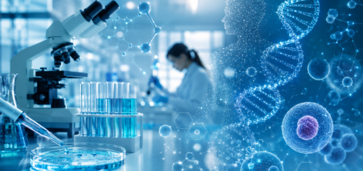 Imagen conceptual de investigación en biología molecular con laboratorio, microscopio, muestras, ADN, células y silueta humana digital.