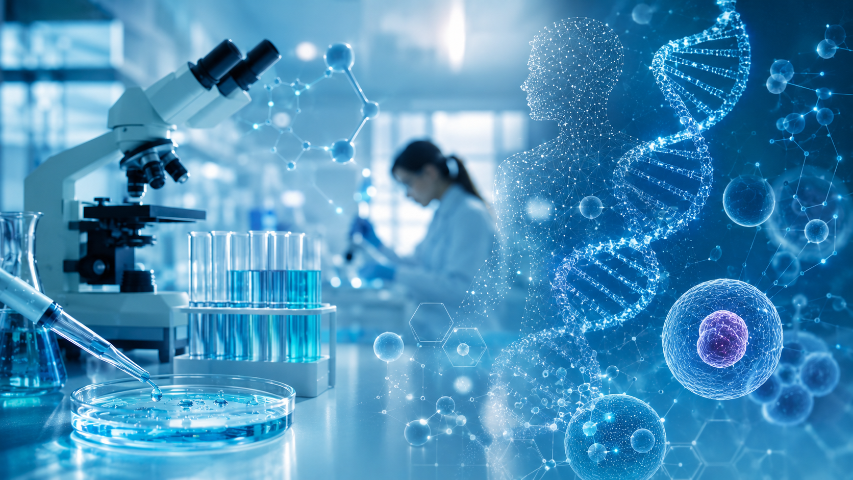 Imagen conceptual de investigación en biología molecular con laboratorio, microscopio, muestras, ADN, células y silueta humana digital.