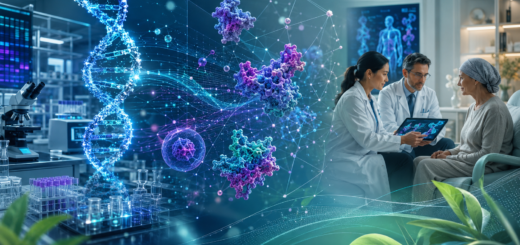 Imagen editorial sobre investigación en genómica y proteómica, con un laboratorio biomédico, ADN luminoso, proteínas moleculares y profesionales de salud dialogando con una paciente.