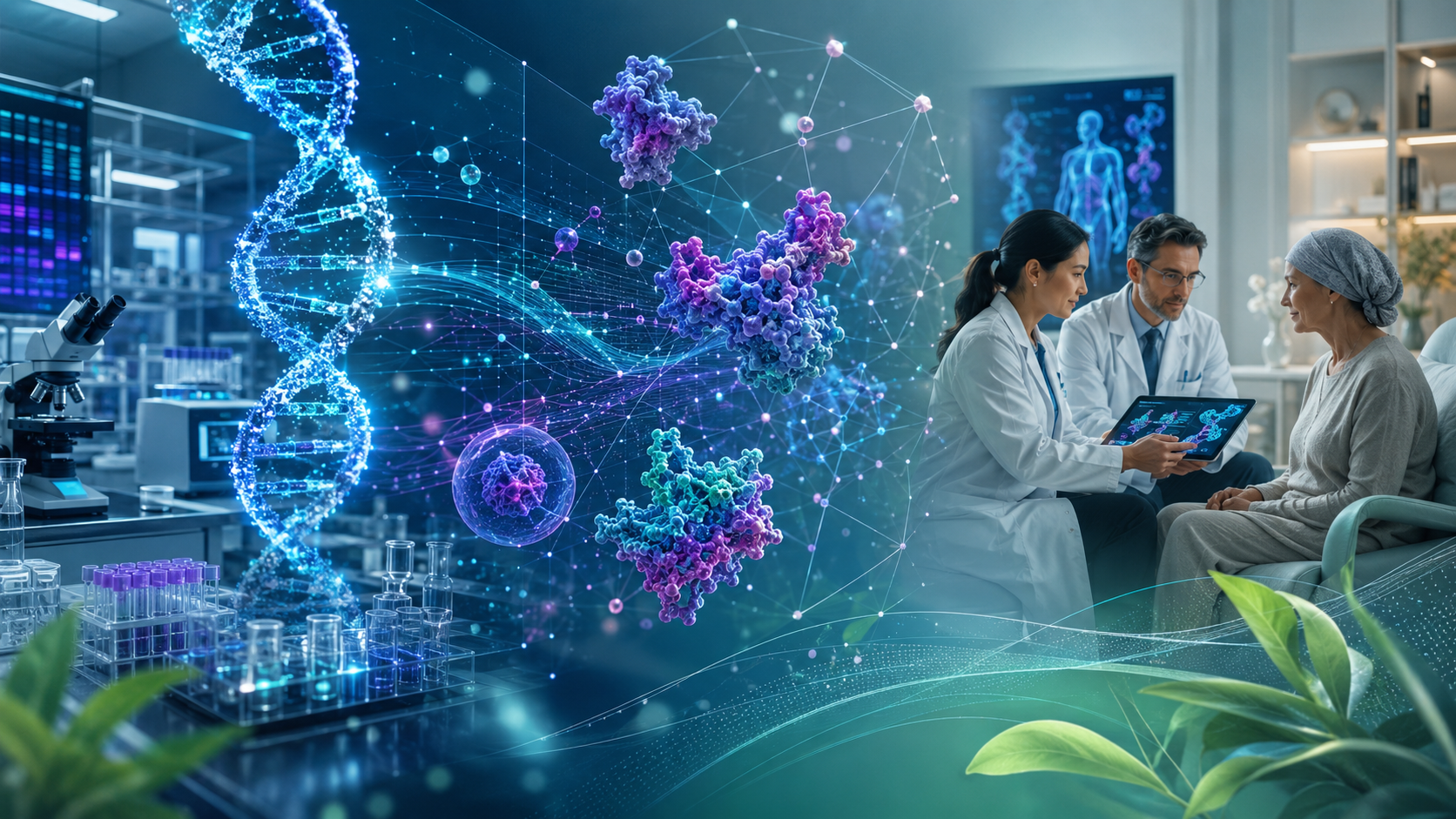 Imagen editorial sobre investigación en genómica y proteómica, con un laboratorio biomédico, ADN luminoso, proteínas moleculares y profesionales de salud dialogando con una paciente.