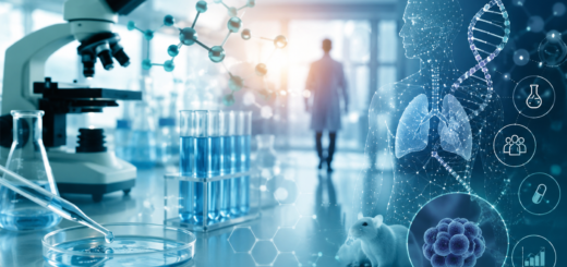 Imagen conceptual de investigación biomédica con laboratorio, microscopio, muestras, ADN, modelos experimentales y representación digital del cuerpo humano.