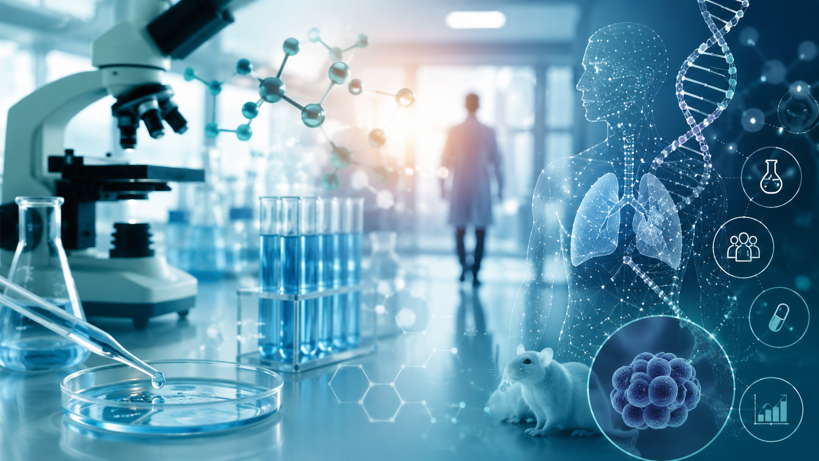 Imagen conceptual de investigación biomédica con laboratorio, microscopio, muestras, ADN, modelos experimentales y representación digital del cuerpo humano.