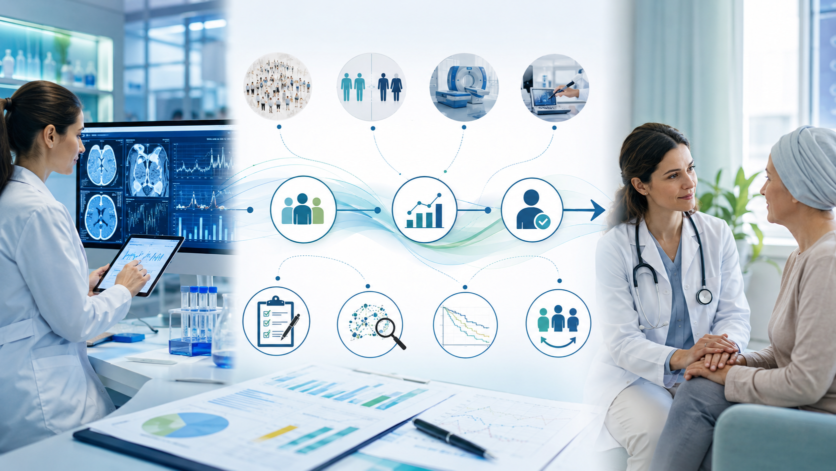 Investigación clínica representada como puente entre el análisis de datos médicos, la generación de evidencia científica y la atención ética centrada en el paciente.