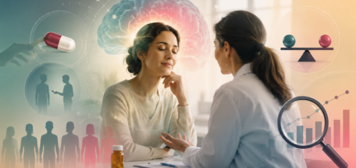 Consulta clínica entre médica y paciente con elementos visuales sobre efecto placebo, expectativas, sesgos, evidencia y evaluación de tratamientos.