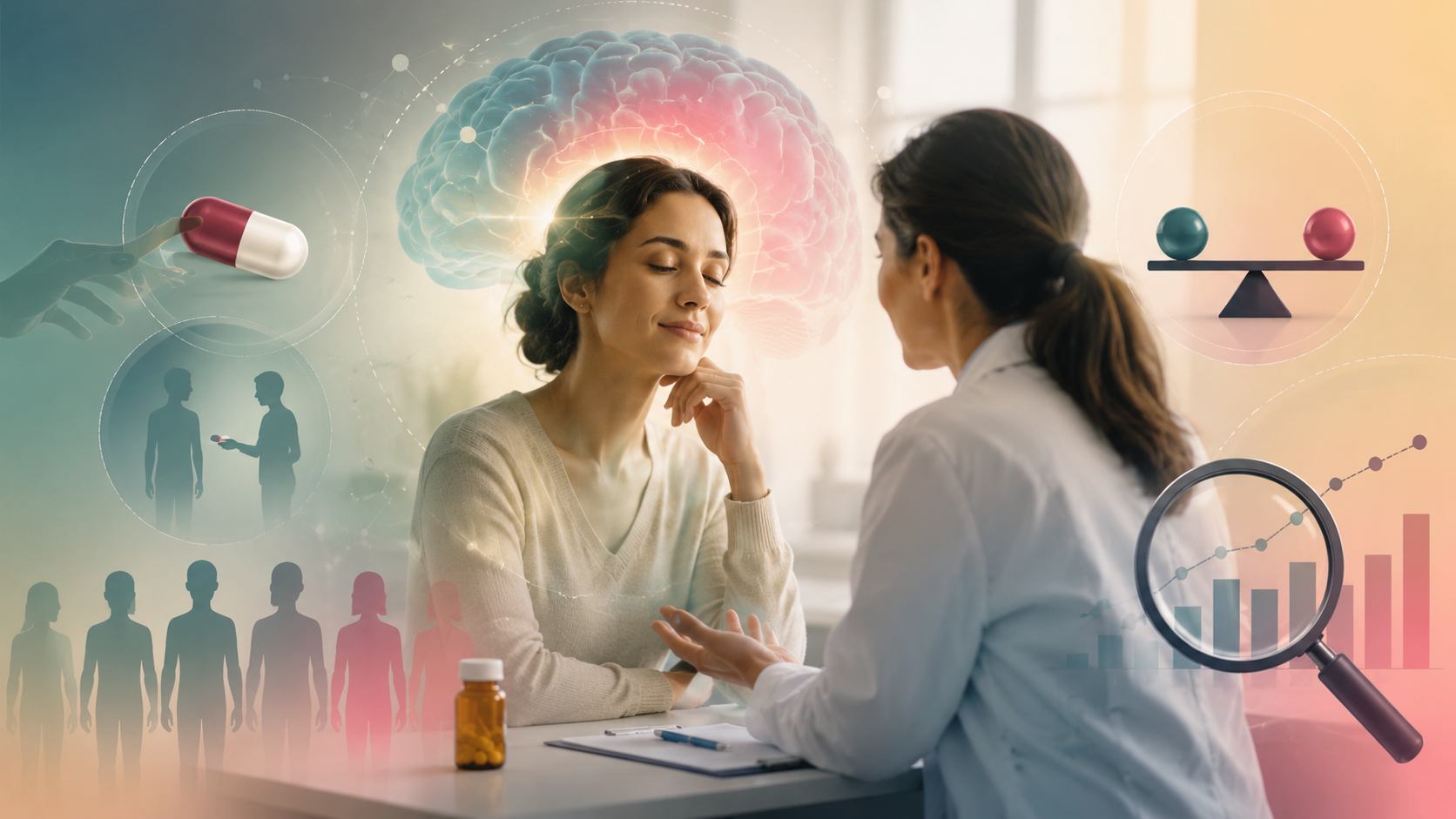 Consulta clínica entre médica y paciente con elementos visuales sobre efecto placebo, expectativas, sesgos, evidencia y evaluación de tratamientos.