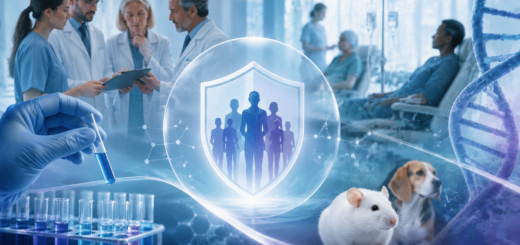 Imagen editorial sobre validación de prácticas médicas mediante ensayos clínicos, con profesionales de salud, laboratorio, pacientes, protección ética, investigación biomédica y animales de experimentación.