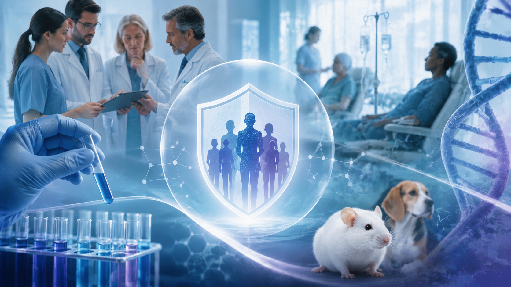 Imagen editorial sobre validación de prácticas médicas mediante ensayos clínicos, con profesionales de salud, laboratorio, pacientes, protección ética, investigación biomédica y animales de experimentación.