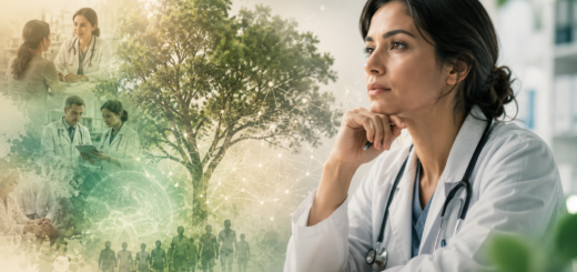 Profesional de la salud reflexionando sobre decisiones clínicas, con árbol, red de datos, cerebro y escenas de atención interdisciplinaria.