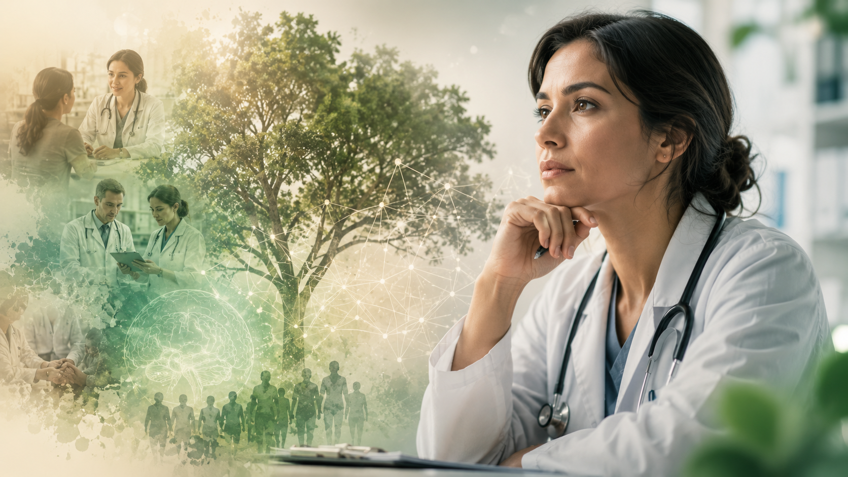 Profesional de la salud reflexionando sobre decisiones clínicas, con árbol, red de datos, cerebro y escenas de atención interdisciplinaria.