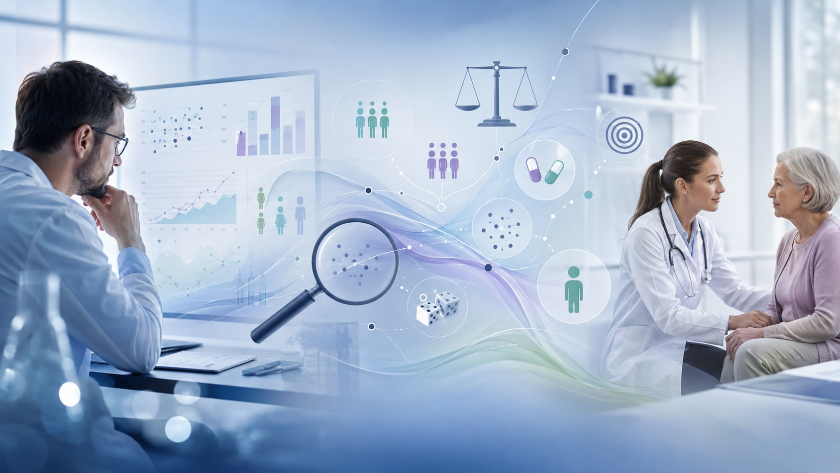Profesional de la salud analiza resultados clínicos y evidencia de tratamientos mientras una médica atiende a una paciente, con elementos visuales que representan sesgos, azar, desenlaces y medicina basada en evidencia.