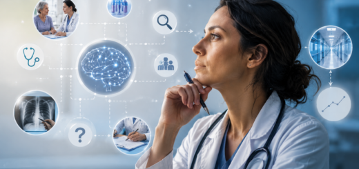 Profesional de la salud reflexionando frente a elementos visuales de razonamiento clínico, hipótesis diagnósticas, datos del paciente, pruebas e incertidumbre.